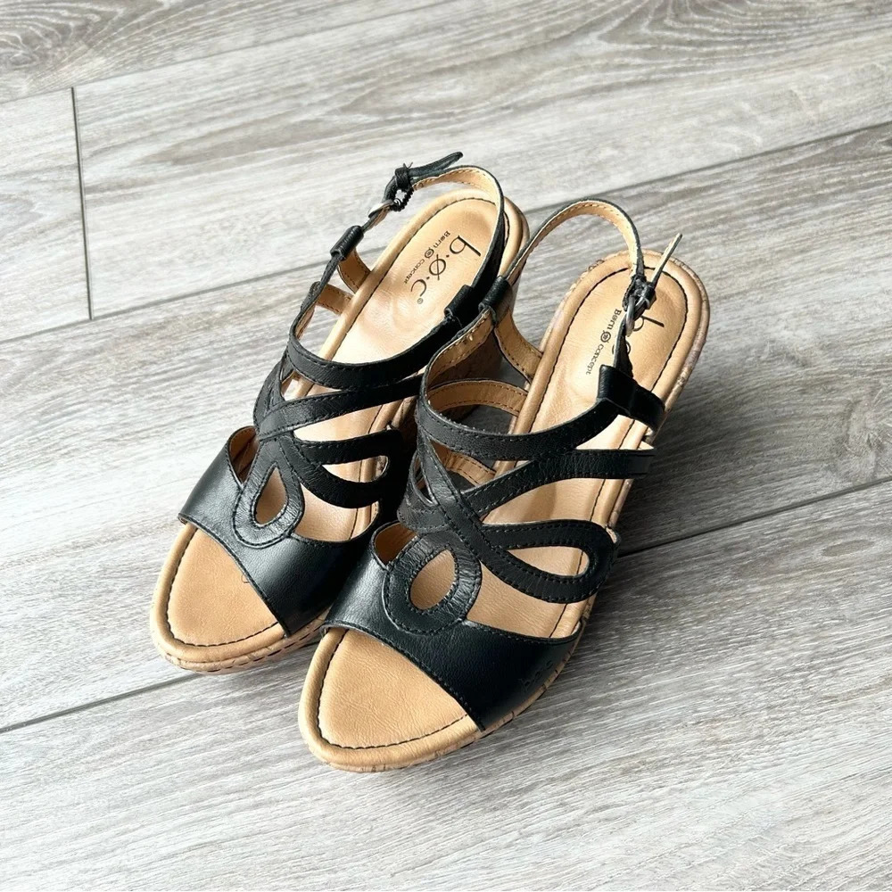 BOC Born Concept Black Leather Wedge Heels Sandals